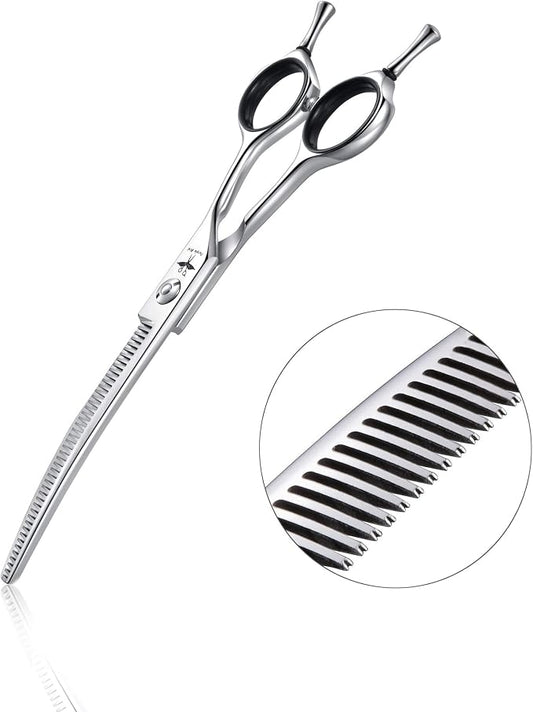 PURPLEBIRD 6.5 Inch Downward Curved Dog Grooming Scissors Pet Thinning Texturizing Shears Professional Safety Blunt Tip Trimming Shearing for Dogs Cats Face Paws Limbs Japanese Stainless Steel Silver