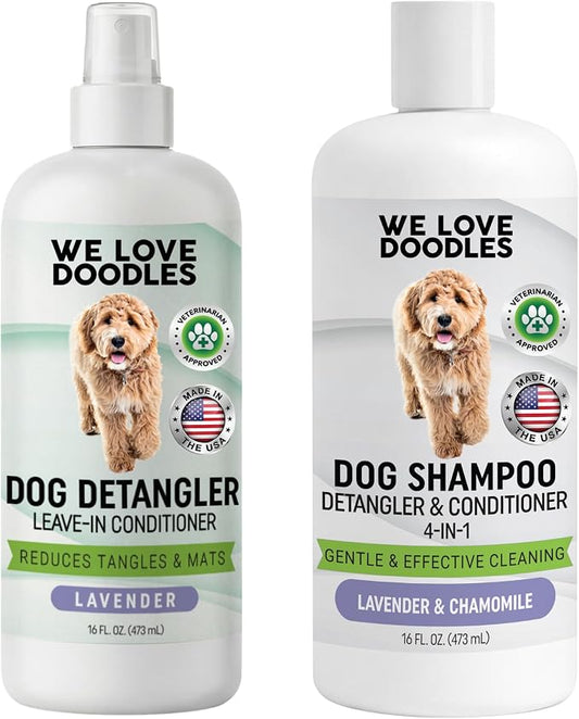 We Love Doodles Dog Detangler Spray - Leave-in Conditioner for Dogs - Dog Detangling Spray - Dematting Spray for Dogs - Tangle Remover - Made in The USA (Detangler & Shampoo (Lavender))