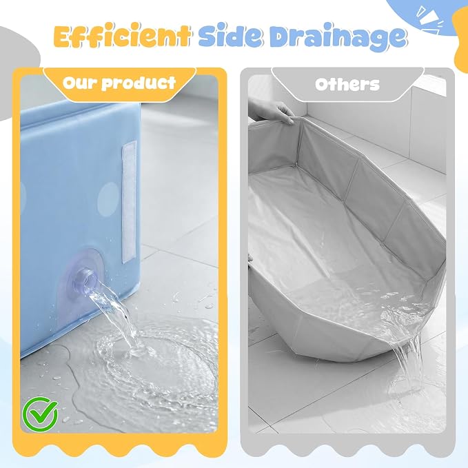 Orzbow Toddler Bathtub with Temperature Sticker, Collapsible Baby Bathtub with Side Drain Plug, Portable Bath Tub for Infant 6 Months+, Easy to Clean, Stable & Durable, Folds to Store, Blue