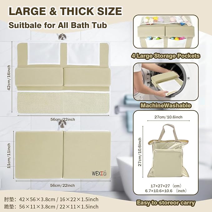 Water-Resistant Baby Bath Kneeler and Elbow Rest Pad Set, Soft Painless Tub Kneeling Pad for Bathing Baby with Toy Pocket Bathtub Knee Cushion Mat for First Time Mom Newborn Bath Time Essentials