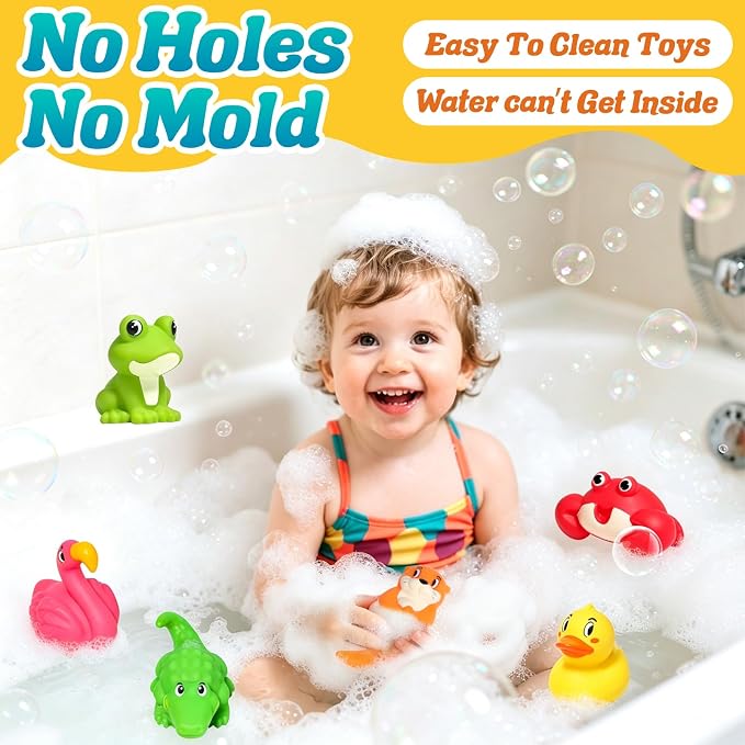 Mold Free Bath Toys for Kids Ages 1-3, 6Pcs No Hole River Baby Bath Toys Design Keeps Moisture Out, Toddler Learn Crab Ducks Animal with Soft Squeeze Bathtub Toys, Pool Toy