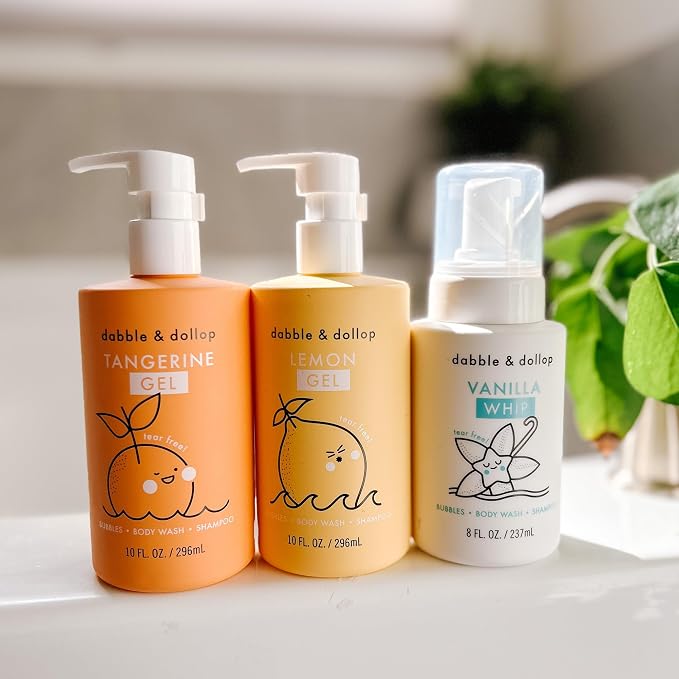 Dabble & Dollop Sunshine Kids 3-in-1 Body Wash, Shampoo & Bubble Bath Variety Set – Tangerine, Lemon & Vanilla, Tear-Free, Gentle, Hypoallergenic and Safe for Sensitive Skin (Pack of 3)