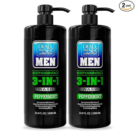 Dead Sea Collection Peppermint Men’s Body Wash – 3 in 1 Body Wash for Men for Hair, Face & Body – Moisturizing Shower Gel with Dead Sea Minerals – Pack of 2 (33.8 fl oz each)