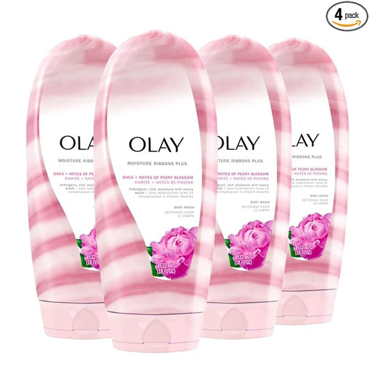 Olay Body Wash for Women, Moisture Ribbons Plus, Deep Conditioning & Moisturizing Formula, Long Lasting Smooth Soft Skin, For All Skin Types, Shea Butter & Peony Blossom Scent, 18 fl oz (Pack of 4)