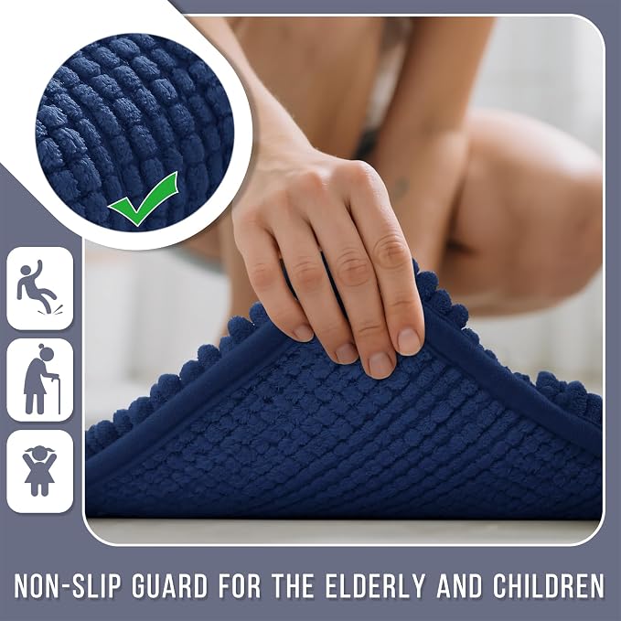 Yimobra Bathroom Rug Mat 36 x 24, Non Slip and Super Absorbent Bath Mat,Machine Washable Quick Dry,Ultra Plush Chenille Shower Rugs for Bathroom Floor Sink Tub and Shower Outside,Navy Blue