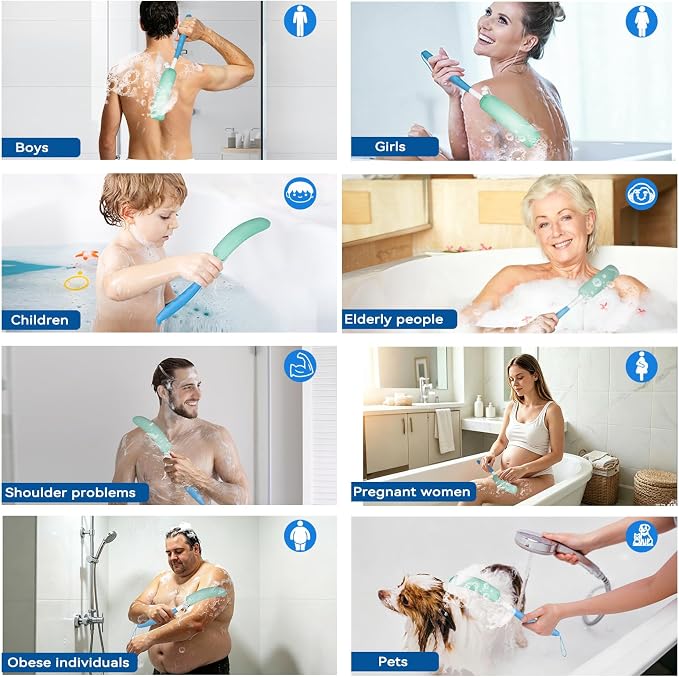 15.35" Back Bath Brush with Sponge,Back Scrubber Bath Mesh with Anti-Slip Curved Long Handle Bath Body Brush for Elderly Aid Bathing and Shower