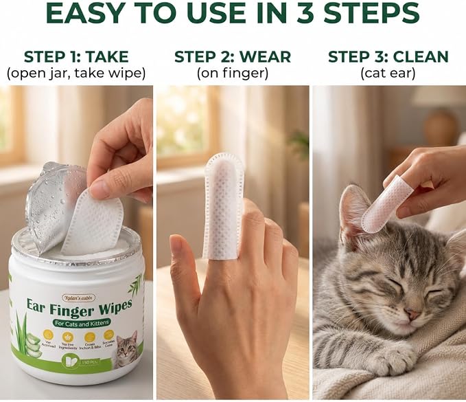 Dylan's cabin Cat Ear Wipes - 150 Count Finger Wipes for Dogs Cats, Pet Ear Cleaning Remove Wax Dirt Debris, Odor Gentle Alcohol Free Daily Ear Care