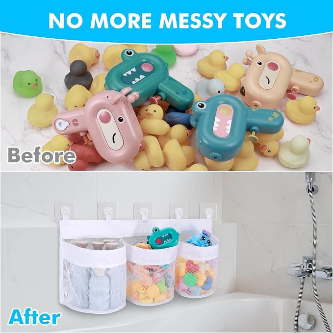 Bath Toy Storage Organizer, 3 Compartment Bath Toy Holder for Tubs, Large Capacity & Quick-Drying Mesh - 5 Strong Adhesive Hooks for Easy Access