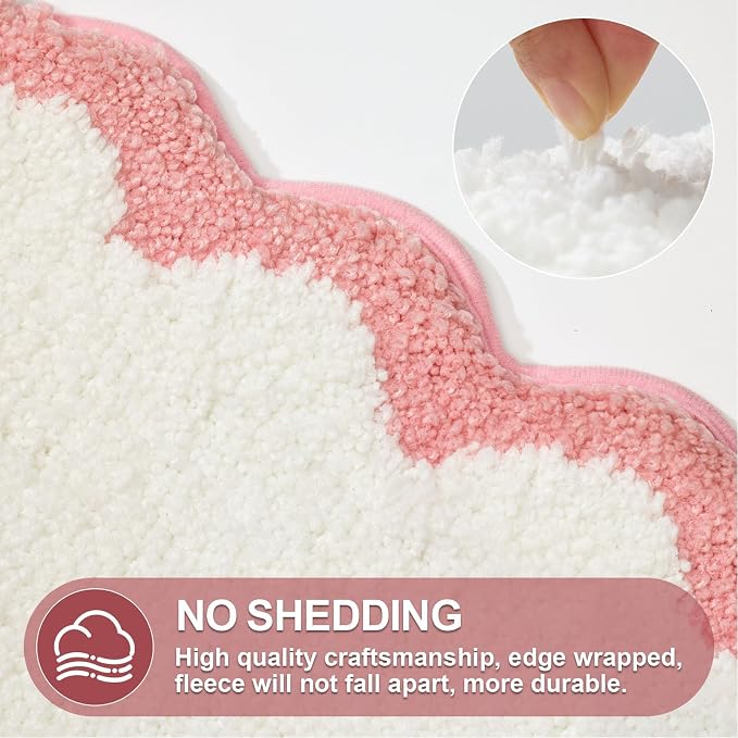 ORTIGIA Long Cute Scalloped Bathroom Rugs Runner, Fun White and Pink Plush Microfiber Scallop Bath Mats Non Slip Washable Quick Dry Absorbent, Rug Carpet for Bathtub Sink Laundry Room Bedroom, 17x47