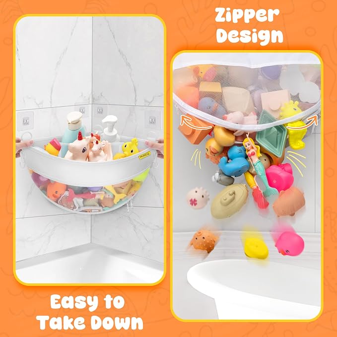 Bath Toy Storage Corner Wall Mounted, 4.32 Gallons Bath Toy Holder, Bottom Zipper Mesh Bathtub Toys Storage Organizer Bag, Quick Access Baby Shower Caddy Quick Dry Bathtub Toys Holder Accessory