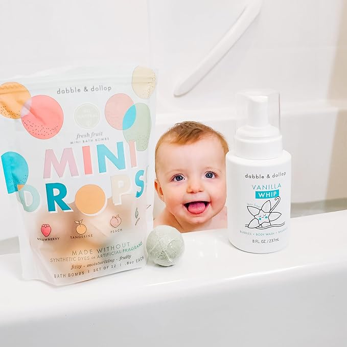 Dabble & Dollop Tropical Mini Bath Bombs & Vanilla Shampoo, Body Wash and Bubble Bath for Kids - All Natural, Resealable Pouch, Foaming Whip, Vegan, Gluten-Free, Cruelty-Free (Pack of 2)