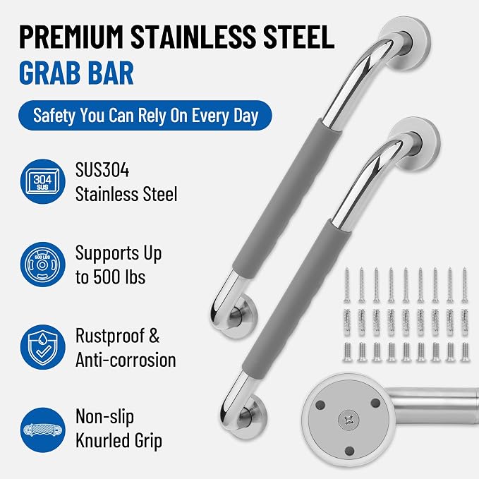 MrHAND Safety Grab Bars for Bathroom,24 Inch 2 Pack Anti-Slip Silicone Grip | SUS 304 Stainless Steel,Wall Mounted Shower Handles,ADA Compilant,Suitable for Seniors,Handicap,Pregnant & Kids
