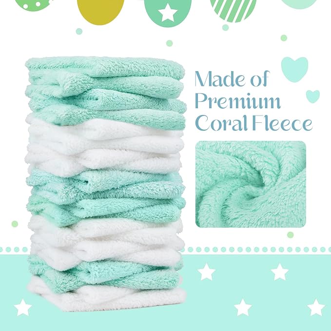 UNIMADE Baby Washcloths, 20 Pack Microfiber Coral Fleece Wash Cloths, Extra Absorbent Baby Towels for Newborns, Infants and Toddlers, Gentle on Sensitive Skin for Face and Body - 7" × 9", White&Green
