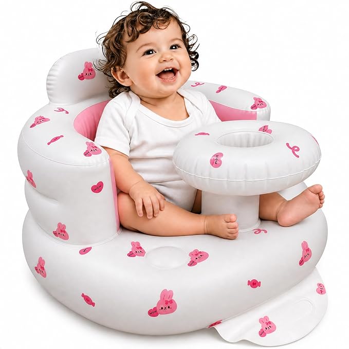 Inflatable Baby Seat for Babies 3-36 Months, Baby Chair with Fence & Built in Air Pump, Blow Up Floor Baby Seat with Back Support, Inflatable Baby Chair Sit Me Up for Home Pink Rabbit-Tray