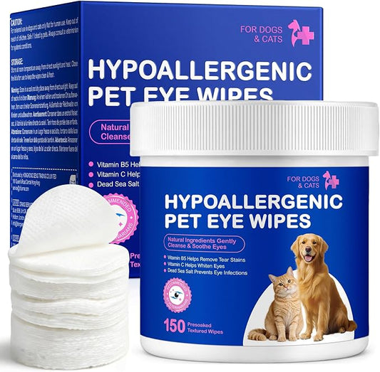 Eye Wipes for Dogs & Cats, Hypoallergenic Cat Wipes Gently Remove Tear Stain, Eye Debris & Discharge, Dog Tear Stain Remover, for Eyes & Face, Non-Irritating, 150p
