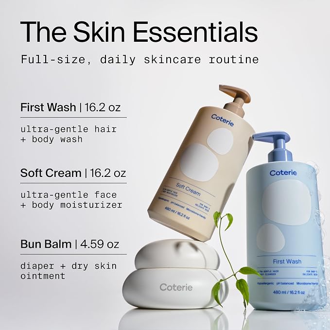 Coterie The Skin Essentials Baby Gift Set | 16.2 oz Shampoo + Body Wash, 16.2 oz Face + Body Lotion, 4.7oz Diaper + Dry Skin Balm | Fragrance Free, Safe for Sensitive Skin, Hypoallergenic, Eczema Safe