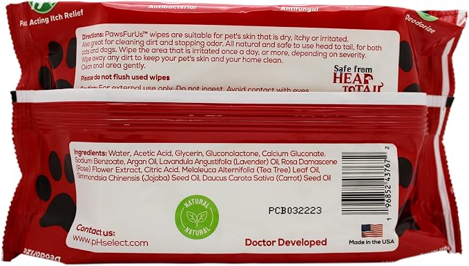 PawsFurUs® All-Natural Pet Wipes for Dogs & Cats - Doctor-Formulated for Total Pet Care with Antifungal & Antibacterial Protection, pH Balancing, Moisturizing, Deodorizing & Fast Itch Relief - 72ct.
