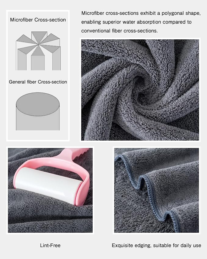 sakano 6-Piece Microfiber Bath Towel Set - Quick-Drying Bath Towels,Absorbent& Lint Free Soft Launder for Family, Gym, and Spa -Dark Gray, 28 x 55 inches