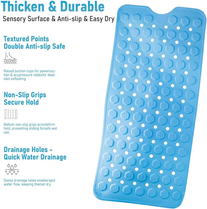 Silicone Anti Slip Bathtub Mat Bath Shower Non-Slip 35x16 for Standard Tub Kids for Elderly Safety Large Thick with Sensory Acupressure Textured Strong Suction Cups & Drain Holes Easy Clean & Dry
