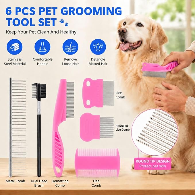 6 Pcs Flea Lice Comb for Cats Dogs, Pink | Stainless Steel, Rounded Teeth, Tear Stain Remover, Dematting Brush, Professional Pet Grooming Kit