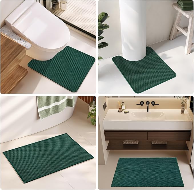 TYUU Bathroom Rugs Non Slip Washable, Super Absorbent Thin Bath Mat Small Quick Dry Low Pile Bathroom Rug, Dark Green 16"x24"