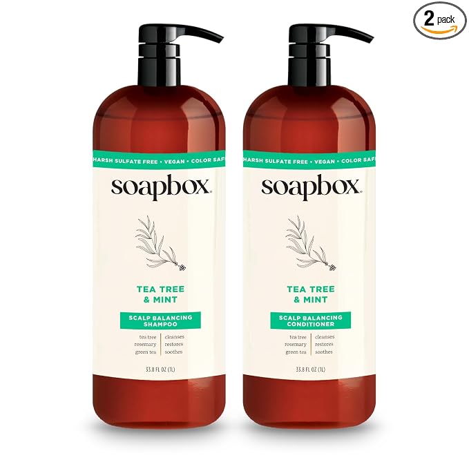 Soapbox Tea Tree Oil & Mint Shampoo & Conditioner Set, Leaves Hair & Scalp Balanced & Soothed - Clean Ingredients Free of Harsh Chemicals, Sulfates, Parabens & Silicones - 1 Liter Each