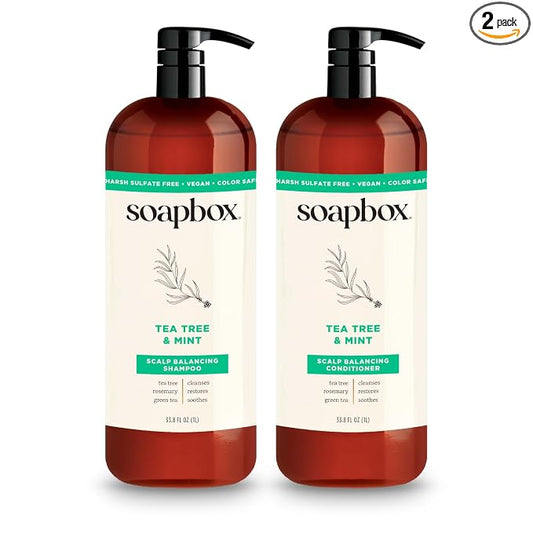 Soapbox Tea Tree Oil & Mint Shampoo & Conditioner Set, Leaves Hair & Scalp Balanced & Soothed - Clean Ingredients Free of Harsh Chemicals, Sulfates, Parabens & Silicones - 1 Liter Each