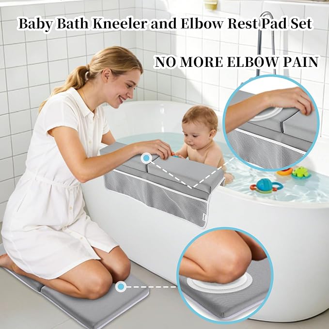 Bath Kneeler and Elbow Rest Pad Set, Gray 1.6" Thick Comfortable Kneeling Cushion with Organizer Pockets - Quick Drying, Foldable, Non-Slip for Bathing Time