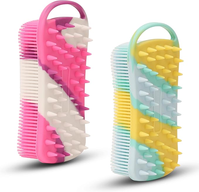 MtBoi 2 PC Silicone Body Scrubber, 2 in 1 Exfoliating Shower Bath Scrubber, Soft Silicone Loofah for Sensitive Skin, Shower Hair Scalp Massager, Easy to Clean, Lather Well (Purple & Yellow)