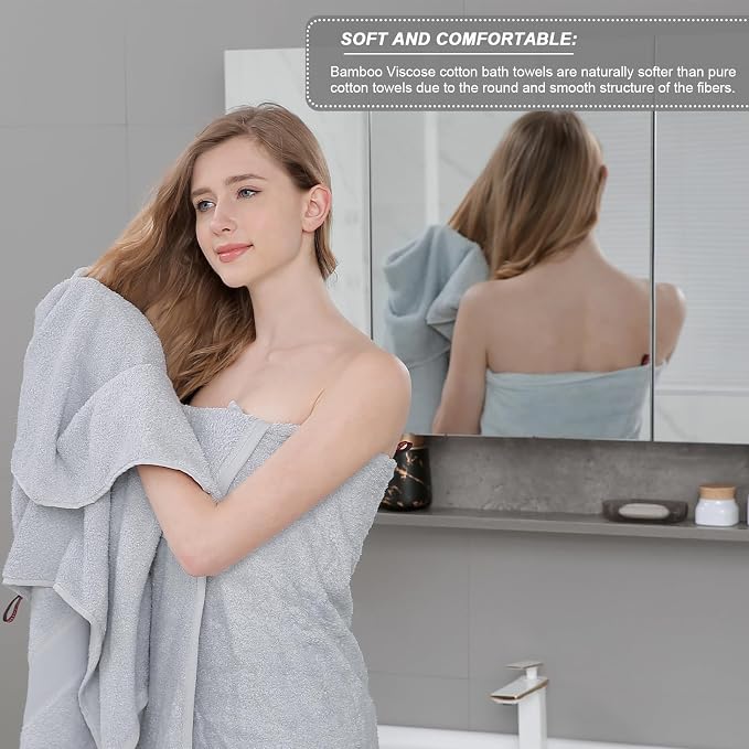 Aibaser Viscose from Bamboo and Cotton Bath Towels Set of 6-27x54 Inch Ultra Soft, Highly Absorbent Large Shower Towels for Bathroom, Spa & Gym (6 Piece Set) (Light Grey)
