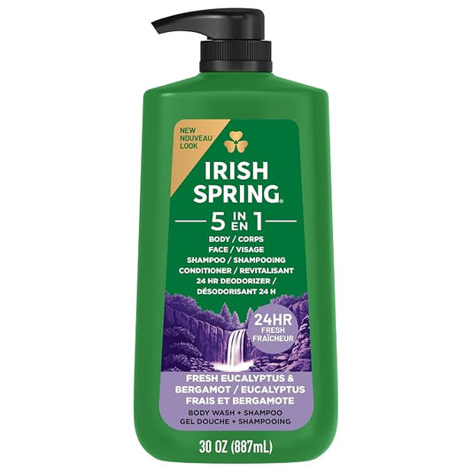 Irish Spring 5 in 1 Moisturizing Body Wash for Men, Shampoo, Conditioner, Body and Face Wash, and 24 Hour Deodorizer, Paraben-Free, Fresh Eucalyptus & Bergamot Scent, 30 fl oz - Packaging may vary