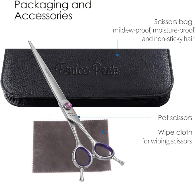 8'' Straight Dog Grooming Scissors with Decorative Screw Professional 440C Stainless Steel Metallic Pet Trimming Shears with Offset Handle Durable and Sharp