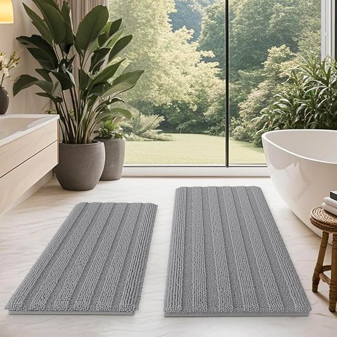Striped Light Grey Bathroom Rug Mat Set 2 piece 32"x20"+24"x17" Ultra Soft, Non Slip Chenille Bath Rugs, Absorbent Plush Shaggy Bath Mats for Bathroom, Bedroom, Kitchen, Shower, Tub,Light Gray