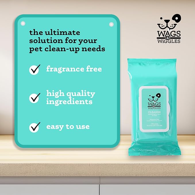 Wags & Wiggles Hypoallergenic Dog Wipes for Sensitive Skin, Fragrance-Free Waterless Cleansing Cloths for Paws, Face, and Dog Body, No SLS, Parabens, or DEA, 100 Count