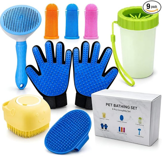 9PC Dog Grooming Kit for Bathing, Dog Paw Cleaner, Shampoo Dispenser Brush, Bath Scrubber & Massage Brush, Washing Gloves, Toothbrush Set, Complete Pet Bath Supplies for Dogs & Cats