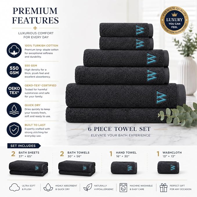 Personalized Towels -Set of 6 - Customized Turkish Bath Towel - Cotton Towel Set -Monogrammed Towels with Initials Name Embroidery - Embroidered Towel (Anthracite, 6 Pieces - Towel Set)