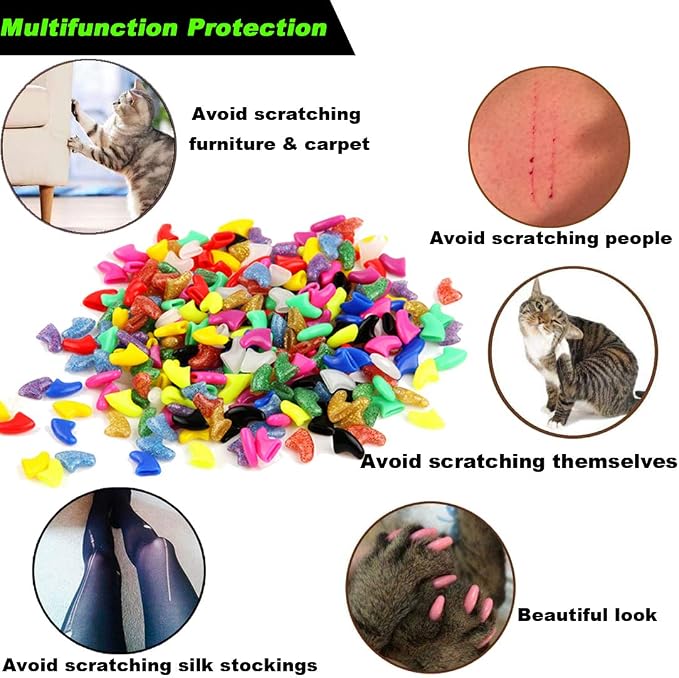 VICTHY 100pcs Cat Nail Caps with Clipper Set, Cat Nail Clipper + Nail Covers with Adhesive and Applicators Size Small (5 COLORS)