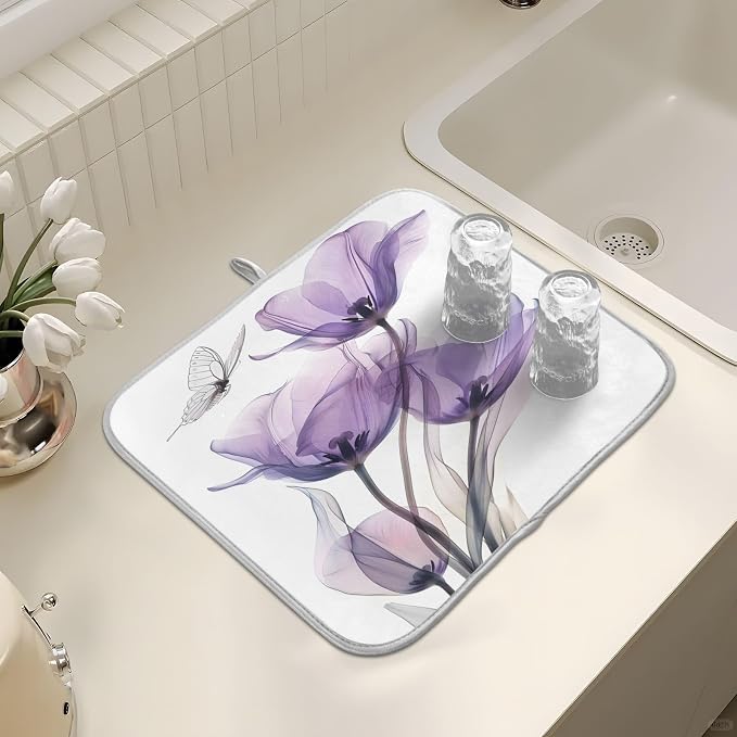 Purple Tulips Flower Dish Drying Mats for Kitchen Counter Small Drying Mat for Dishes Microfiber Dish Rack Mat Drainer Pad Washable Foldable Ultra Absorbent Dry Mat 18"x16"