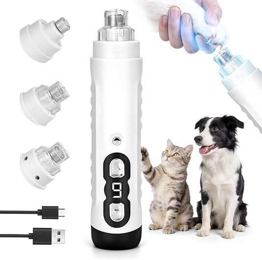 Quiet Dog Nail Grinder, 9-Speed Professional Quiet Electric Trimmer for Large Medium Dogs, with Quick Sensor Guard, 2 LED Lights, 2000mAh USB Rechargeable (White)