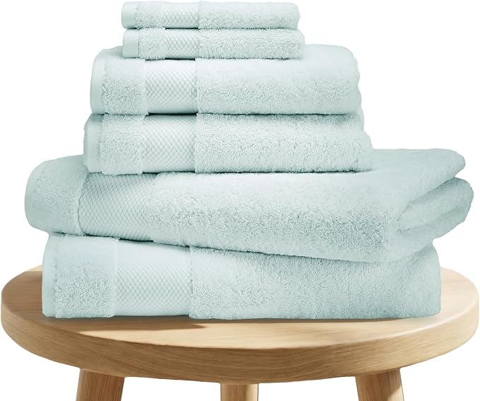 BIOWEAVES 100% Organic Cotton 700 GSM Plush 6-Piece Towel Set GOTS Certified, 2 Bath Towels, 2 Hand Towels & 2 Washcloths - Seafoam