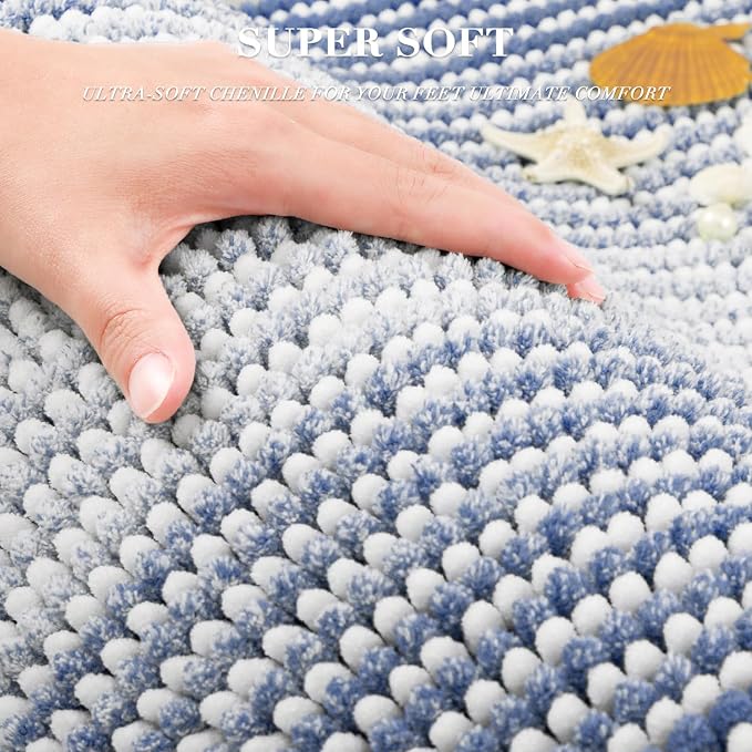 BSICPRO Bathroom Rugs and Mats Sets, 2 Piece Thick Absorbent Chenille Bath Mat Rug Set Non Slip, Soft Shaggy Bath Room Floor Mats for Bathroom, Machine Washable (20" x 60" Plus 20" x 32",Denim Blue)