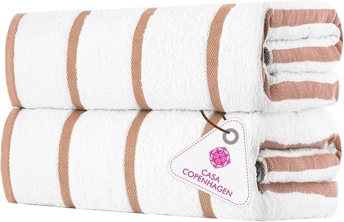 CASA COPENHAGEN Cabana Pool 2Pcs 100% Egyptian Cotton XL Designer Bathsheet Beach Towels Gift Set- White Beige, 500GSM, 35"x70", Bath Sheet Beach Towels (Box Pack, Set for Women & Men)