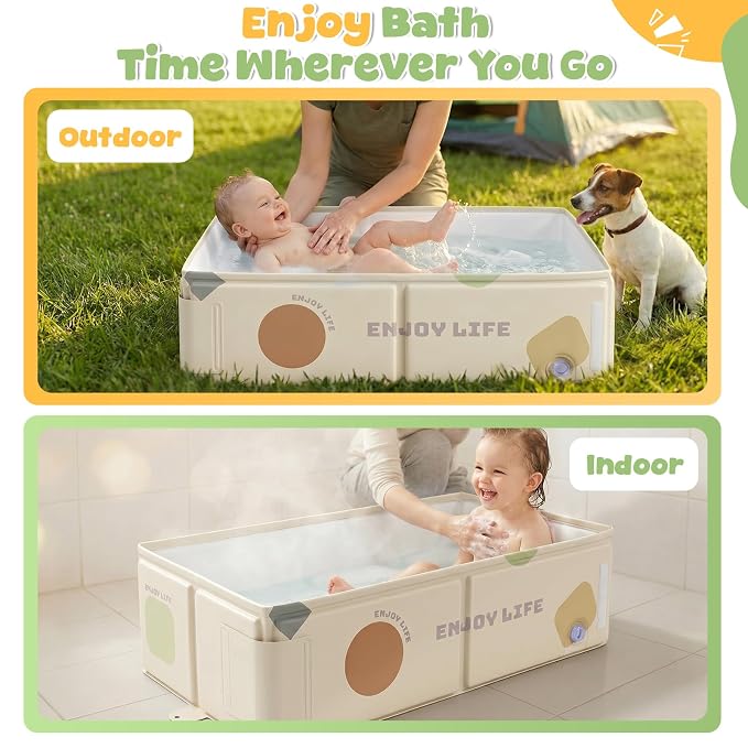 Orzbow Toddler Bathtub with Temperature Sticker, Collapsible Baby Bathtub with Side Drain Plug, Portable Bath Tub for Infant 6 Months+, Easy to Clean, Stable & Durable, Folds to Store, White