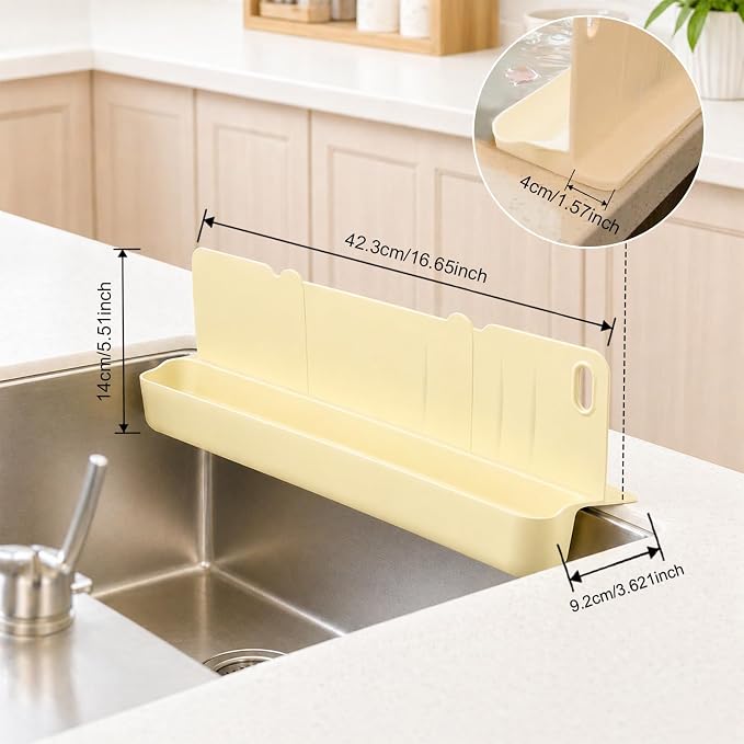 17In Kitchen Sink Splash Guard with Suction Cup for Kitchen Sink Area, Sink Edge Protector for Small Kitchen Sink, Bathtub & Counter, with Drain Rack & Sponge Holder (Gray)