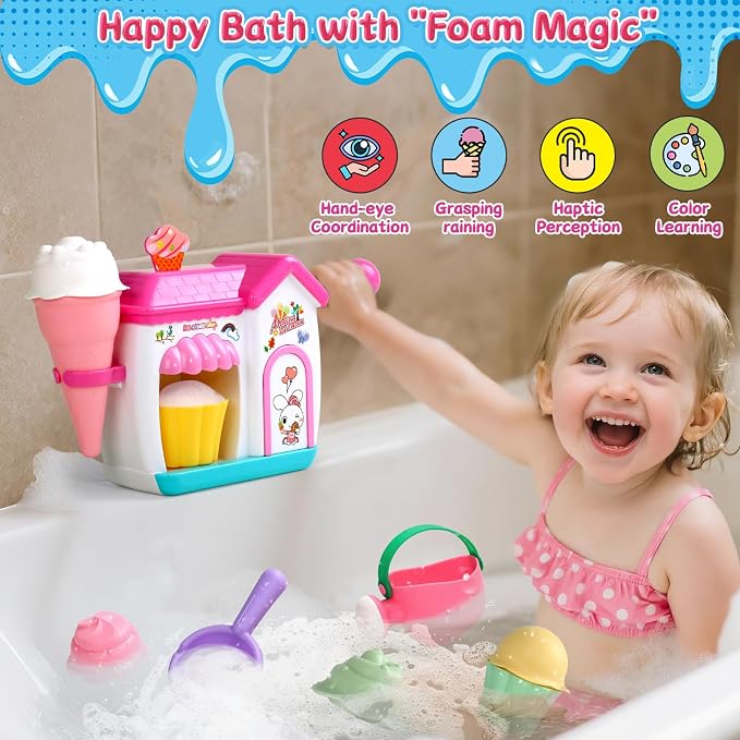 Bath Toys for Kids Ages 4-8 Ice Cream Foam Maker Bubble Pretend Play Cake Set Bath Toys for Toddlers 3-5 Bathtub Water Toy Birthday Gifts for 3 4 5 Year Old Girls Boys