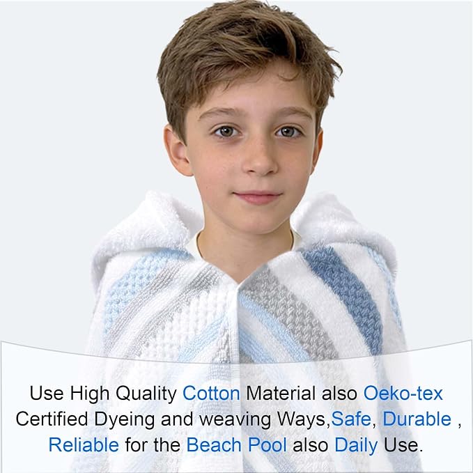 VOOVA & MOVAS Kids Hooded Bath Towel (3-10 Years,56"X30") | Soft Quick Drying Absorbent 100% Cotton Thick Towel Wrap | Versatile Beach, Pool, Swim & Bath Cover-Up | Blue Gray Vertical Stripe