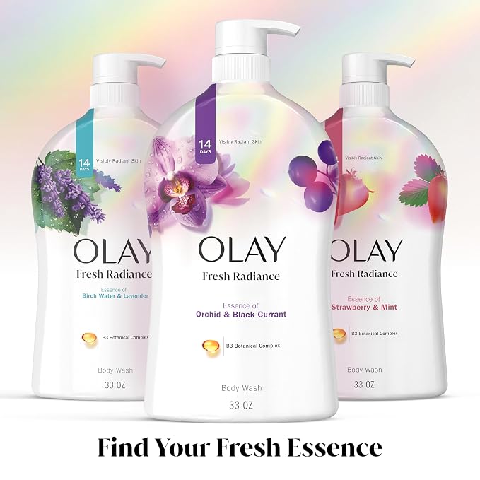Olay Body Wash for Women, Fresh Radiance, Refreshing & Renewing, Made with Plant Based Cleansers, B3 Botanical Complex, For All Skin Types, Orchid & Black Currant Scent, 33 fl oz (Pack of 4)