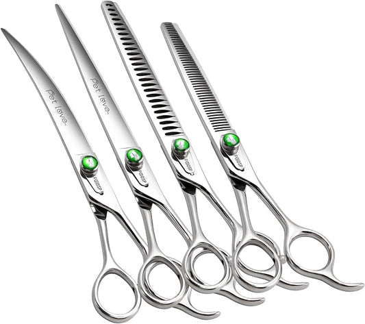 Professional Dog Grooming Scissors Kit 8 in Curved Thinning Straight Chunker Shears and Comb 5pcs Set for Grooming Big Dogs Poodle Pet Japan 440C Stainless Steel