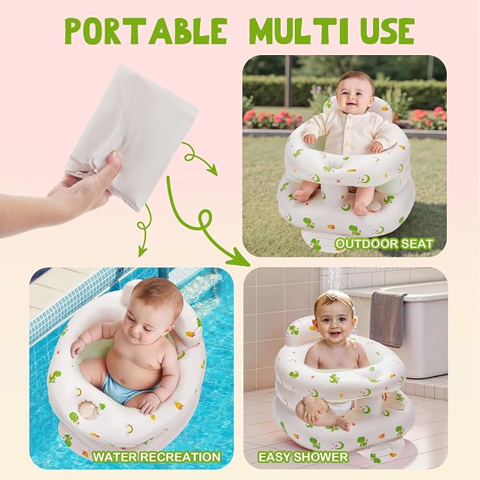 Inflatable Baby Seat for Babies 3-36 Months,Baby Floor Chair with Built in Air Pump,Infant Back Support Seat for Sitting & Learning to Sit (Green Dinosaur)