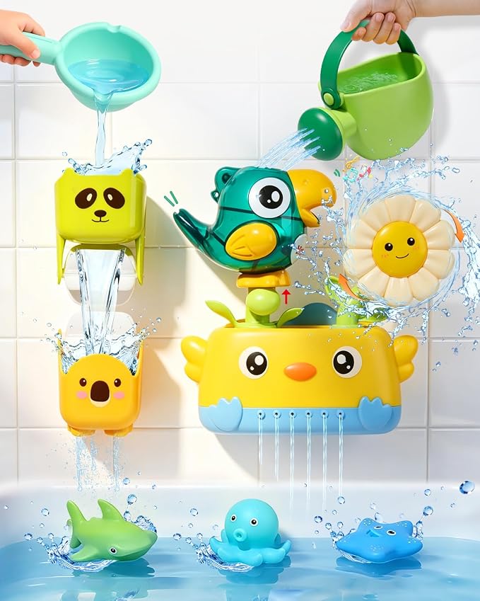 Bath Toys Toddlers 2-4, Mold Free Toddler Bath Toys for Kids Ages 1-3, Baby Bathtub Water Toys with Strong Suction Cups Waterfall Shower Toy with Bath Cups & Watering Can for 18+ Months Boy Girl Gifts